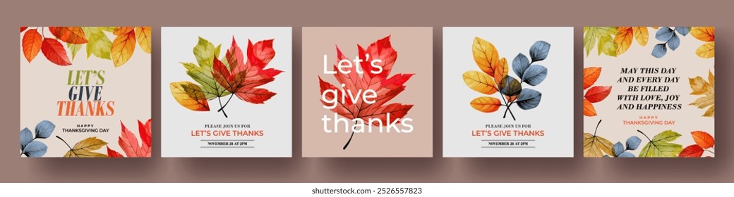 Happy Thanksgiving Day concept of card, cover, invitation set with beautiful bright autumn leaves. Modern Fall season art style design templates for celebration, ads, branding, banner, label, poster