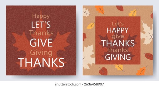 Happy Thanksgiving Day concept of card, cover, invitation set with bright autumn leaves. Modern Fall season art style design templates for celebration, ads, branding, banner, label, poster.
