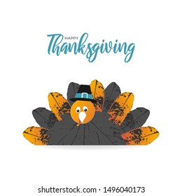Happy Thanksgiving day concept design greeting card. Cartoon Turkey with Tail of Autumn Leaves. Cute funny bird in pilgrim black hat on white background. Vector fall feast illustration