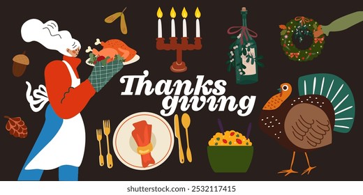 Happy thanksgiving day concept. Thanksgiving day and eating delicious food together. Traditional turkey and different food icons. Cartoon flat girl character in a kitchen apron holding roast turkey