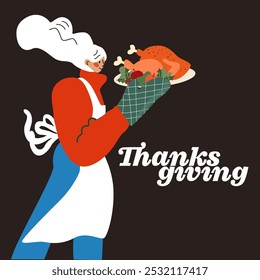 Happy thanksgiving day concept. Thanksgiving day and eating delicious food together. Traditional turkey and different food icons. Cartoon flat girl character in a kitchen apron holding roast turkey