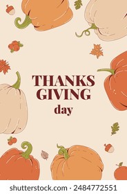 Happy Thanksgiving day concept. Festive backgrop with autumn leaves, pumpkins, cranberry and acorn. Vertical holiday poster for fall season. Flat vector illustration