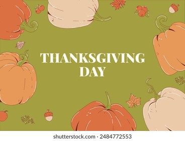 Happy Thanksgiving day concept. Festive backgrop with autumn leaves, pumpkins, cranberry and acorn. Horizontal holiday banner for fall season. Flat vector illustration on green background