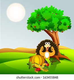 Happy Thanksgiving Day concept with fruits, vegetables and turkey bird under the green tree on nature background. 
