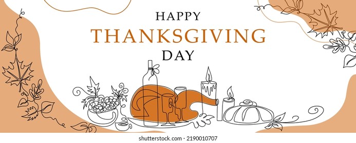 Happy Thanksgiving Day concept. Horizontal greeting banner. Elements drawn with a single line. Cute vector illustration in minimalist style.