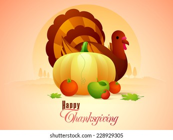 Happy Thanksgiving Day concept with maple leaf and wishing message on orange background.
