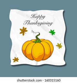 Happy Thanksgiving Day concept with pumpkin and maple leaves on blue background, can be use as sticker, tag or label.