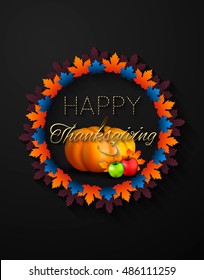 Happy Thanksgiving Day concept with pumpkin on autumn leaves background, can be used as flyer, banner or poster. Vector illustration.