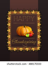 Happy Thanksgiving Day concept with pumpkin on autumn leaves background, can be used as flyer, banner or poster. Vector illustration.