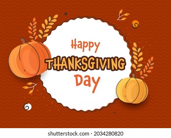 Happy Thanksgiving Day Concept With Pumpkins And Autumn Leaves On Dark Orange Background.