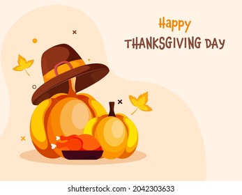 Happy Thanksgiving Day Concept With Pumpkins, Pilgrim Hat, Roast Chicken On Pastel Peach Background.