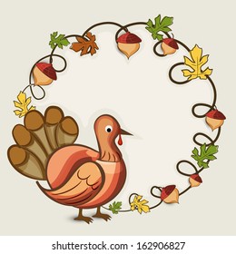 Happy Thanksgiving Day concept with turkey bird and autumn leaves decorated rounded frame.