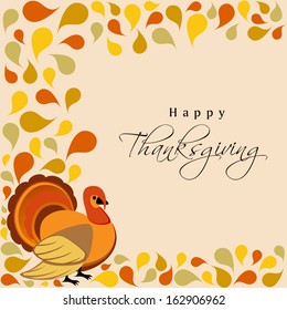 Happy Thanksgiving Day concept with turkey bird on colorful autumn leaves decorated background, can be use as flyer, banner or poster.