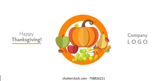 Happy Thanksgiving Day corporate postcard with a copy space for your logo - pumpkin, autumn leaves isolated. Paper cut out style vector illustration.