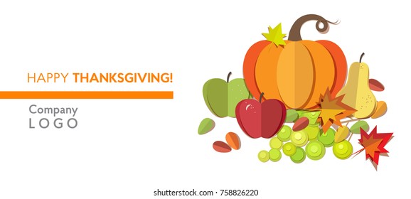 Happy Thanksgiving Day corporate postcard with a copy space for your logo - pumpkin, autumn leaves isolated. Paper cut out style vector illustration.