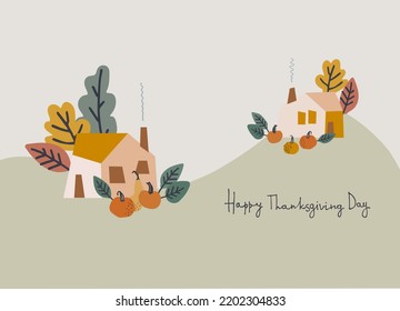 Feliz Día de Acción de Gracias, un acogedor diseño de vacaciones. Frase de bienvenida con letras de mano con casa de campo, calabazas, hojas de otoño sobre fondo blanco. Plantilla de tarjeta de felicitación, logotipo