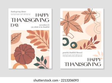 Happy Thanksgiving Day creative posters with pumpkins,foliage and copy space for text.Modern autumn covers for invitations,social media marketing,greetings,brochure.Trendy holiday backgrounds.