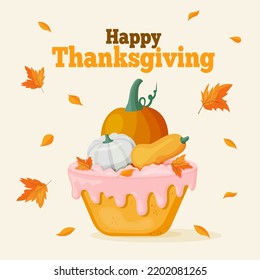 Happy Thanksgiving Day. Cupcake with pumpkins and sugar cream dessert. Greeting card for Thanksgiving or harvest festival