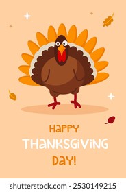 Happy Thanksgiving Day. Cute cartoon turkey with leaves. Vector illustration