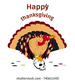 Happy thanksgiving day, cute cartoon serious turkey with human skull, vector greeting.