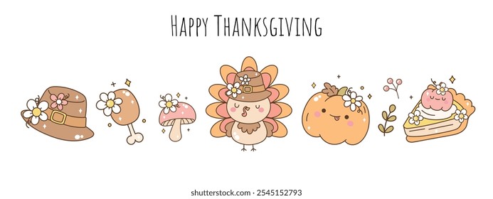 Happy Thanksgiving Day with Cute Character, Autumn Harvest Vector Illustration