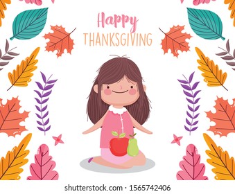 happy thanksgiving day cute girl on knees with apple and pear fall leaves vector illustration