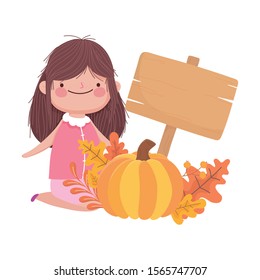 happy thanksgiving day cute girl with pumpkin and wooden sign fall foliage vector illustration