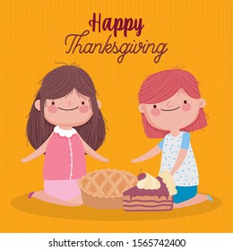 happy thanksgiving day cute girls with pie and slice cake vector illustration