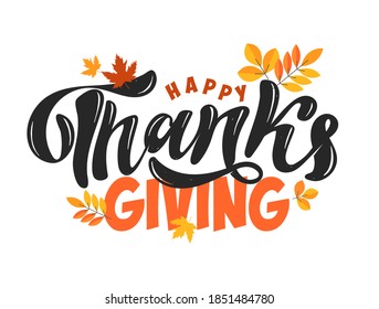 Happy Thanksgiving Day cute hand drawn doodle lettering label. Be thenkful. Give thanks.