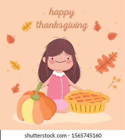 happy thanksgiving day cute little girl with pie and pumpkin fall leaves vector illustration