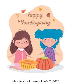 happy thanksgiving day cute little girls with pie and pumpkin vector illustration