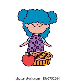 happy thanksgiving day cute little girl with pie and apple vector illustration