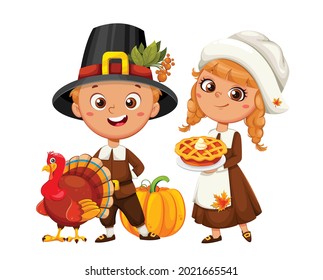 Happy Thanksgiving Day. Cute little pilgrim boy and girl cartoon characters