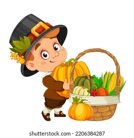 Happy Thanksgiving Day. Cute little boy cartoon character in pilgrim hat standing with pumpkin and a basket of vegetables