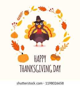 Happy Thanksgiving day. Cute turkey with autumn leaves and pumpkin. Flat style. Vector