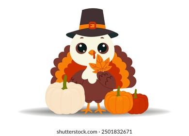 Alles Gute zum Thanksgiving-Tag. Netter Putenvogel mit Kürbissen auf weißem Hintergrund. Vektorgrafik.