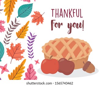 happy thanksgiving day delicious cake apple and acorn fall leaves vector illustration