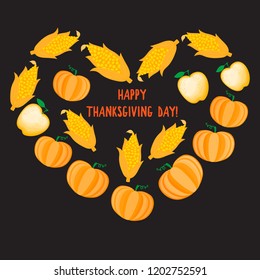 Happy Thanksgiving day design. Autumn Cartoon Heart with orange vegetable pumpkin corn and yellow apple. Vector ilustration isolated on dark background.