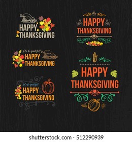 Happy Thanksgiving Day Design Badges Collection - Set of five colored vintage style Thanksgiving badges cards on dark  background with decor elements, turkey,  pumpkin, fruit, swirls 