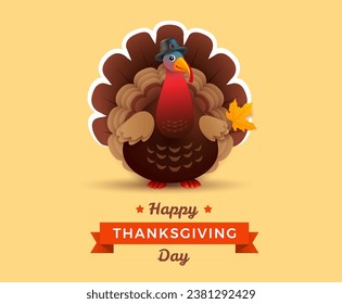 Happy Thanksgiving Day design with Cartoon Turkey and Thanksgiving Day lettering - yellow background