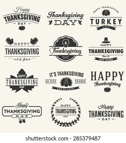 Happy Thanksgiving Day Design Collection - A set of twelve dark colored vintage style Thanksgiving Designs on light background