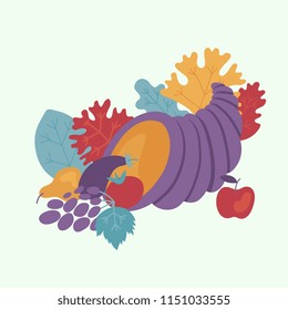 Happy thanksgiving day design element with cornucopia full of ripe vegetables and fruits isolated on white background. Symbol of food abundance for autumn holiday in flat vector illustration.