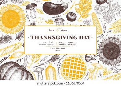 Happy Thanksgiving Day design template. Vector hand drawn illustrations. Greeting Thanksgiving card in retro style. Frame with harvest, vegetables, pastry, bakery. Autumn background.