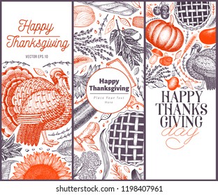 Happy Thanksgiving Day design template. Vector hand drawn illustrations. Greeting Thanksgiving card in vintage style. Frame with harvest, vegetables, pastry, bakery. Autumn background.