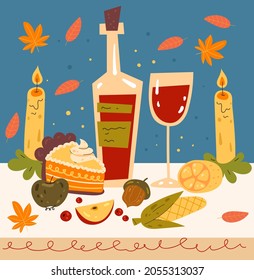 Happy thanksgiving day dinner cartoon hand drawn illustration