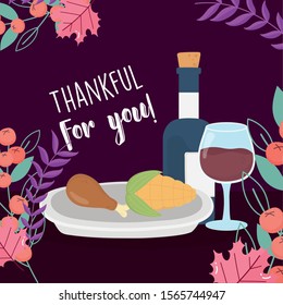 happy thanksgiving day dinner wine bottle corn and turkey leg fall leaves vector illustration