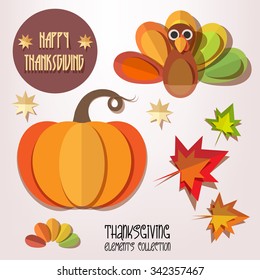 Happy Thanksgiving Day elements set - pumpkin, turkey, autumn leaves isolated. Paper cut out style vector illustrations.