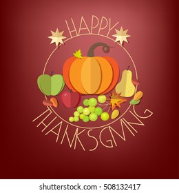 Happy Thanksgiving Day elements set - pumpkin, apple, grapes, pear, autumn leaves isolated. Paper cut out style vector illustrations.