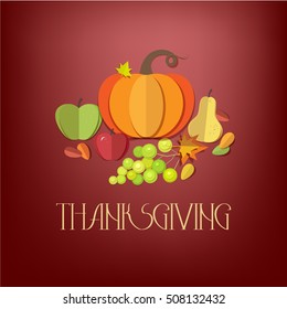 Happy Thanksgiving Day elements set - pumpkin, apple, grapes, pear, autumn leaves isolated. Paper cut out style vector illustrations.