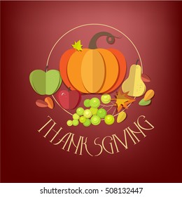 Happy Thanksgiving Day elements set - pumpkin, apple, grapes, pear, autumn leaves isolated. Paper cut out style vector illustrations.